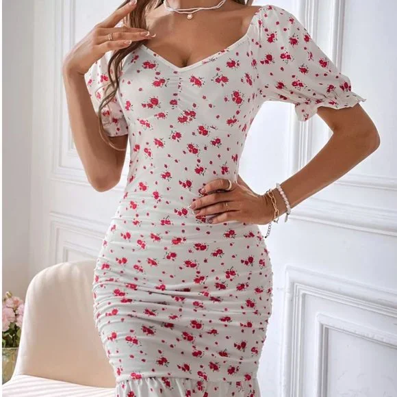 SHEIN | Dresses | Lace Up Backless Puff Sleeve Ruched Ruffle Hem Bodycon  Dress | Poshmark